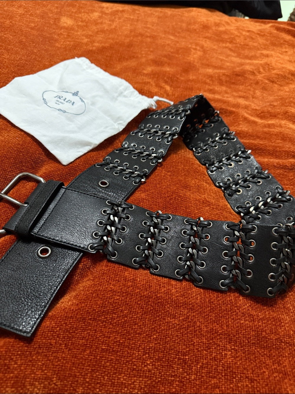 Prada | Black Leather Lace-Up Chain Wide Waist Belt | 34
